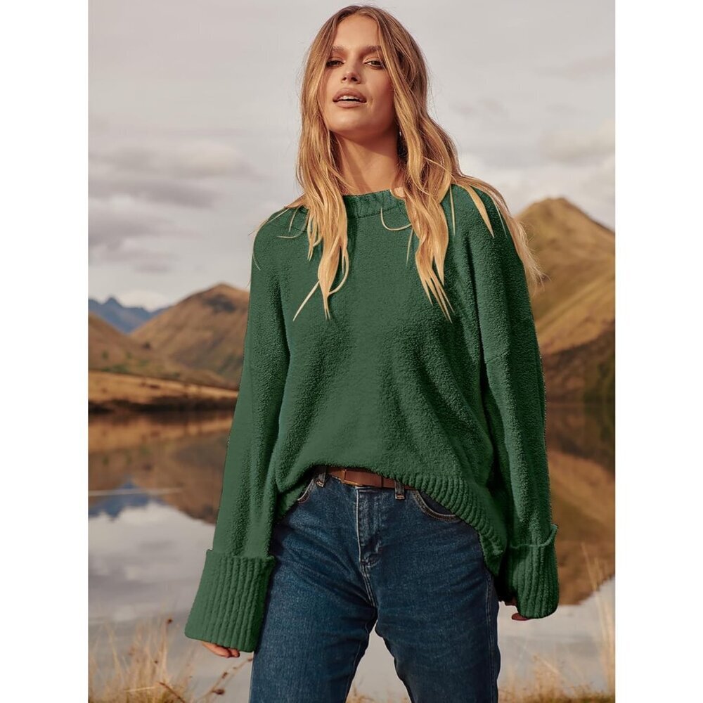 Women's Army Green Oversized Long Sleeve Casual Fuzzy Knit Sweaters - Picture 6 of 8